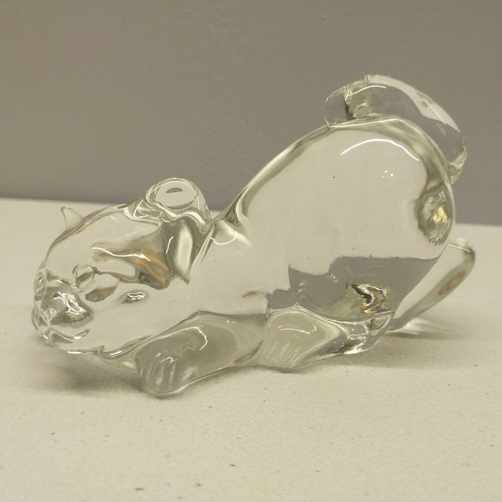 Fenton Clear Glass Pouncing Cat Figurine Paperweight Vintage 4" MCM 1970s